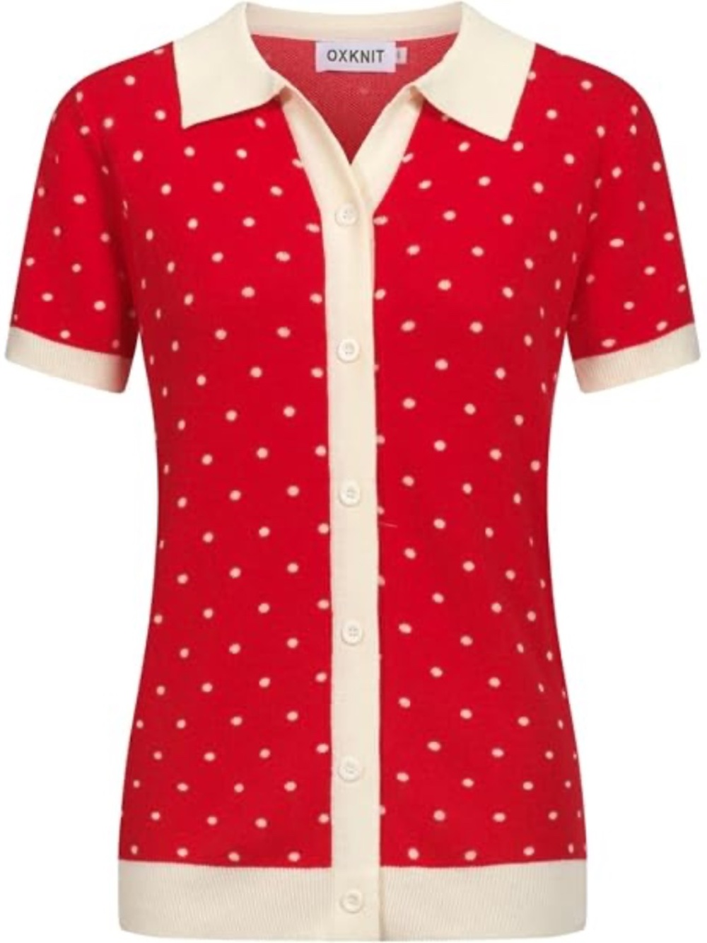 OXKNIT Women's Cardigan Red Cream Polka Dot Button Front Retro Style